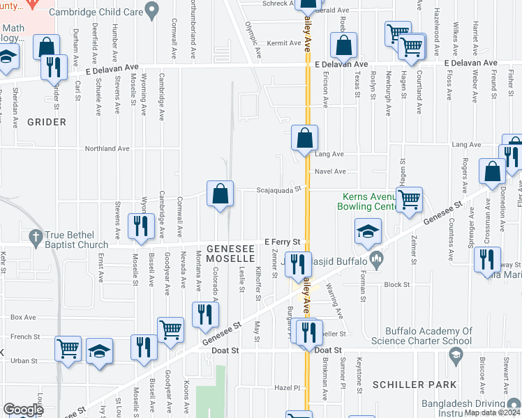 map of restaurants, bars, coffee shops, grocery stores, and more near 169 Kilhoffer Street in Buffalo