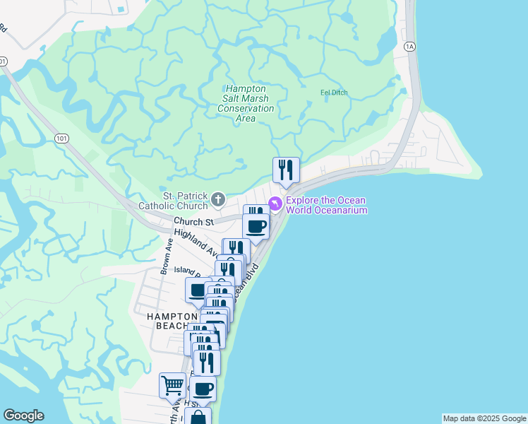 map of restaurants, bars, coffee shops, grocery stores, and more near 19 Cole Street in Hampton