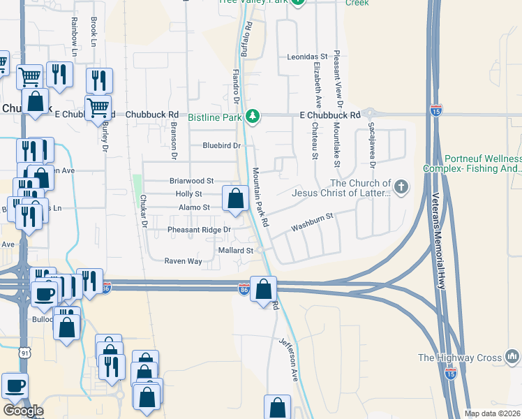 map of restaurants, bars, coffee shops, grocery stores, and more near 4608 Mountain Park Road in Pocatello