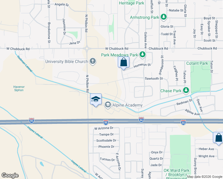 map of restaurants, bars, coffee shops, grocery stores, and more near 1105 Sawtooth Street in Pocatello