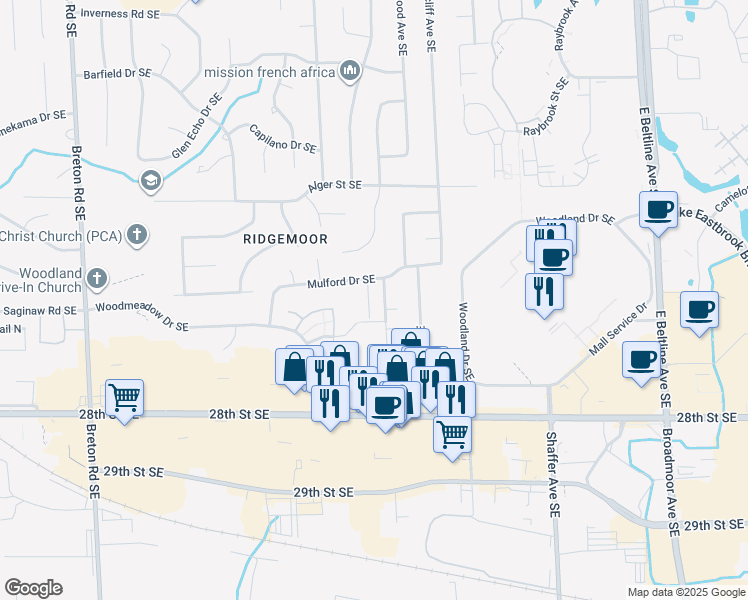 map of restaurants, bars, coffee shops, grocery stores, and more near 2581 Ridgecroft Drive Southeast in Grand Rapids