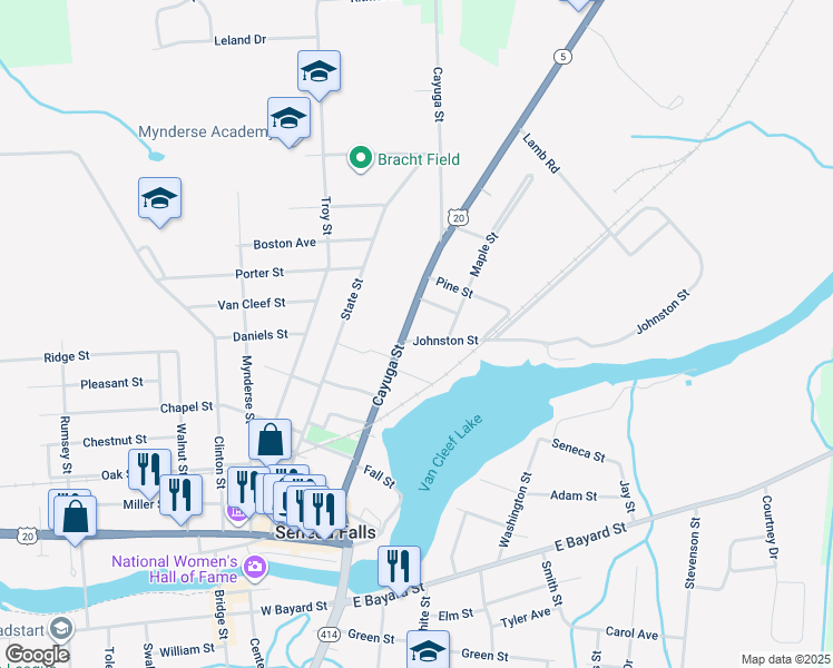 map of restaurants, bars, coffee shops, grocery stores, and more near 3 Maple Street in Seneca Falls