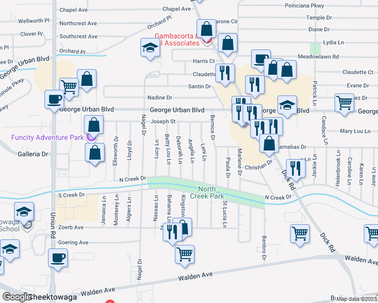 map of restaurants, bars, coffee shops, grocery stores, and more near 39 Angela Lane in Buffalo