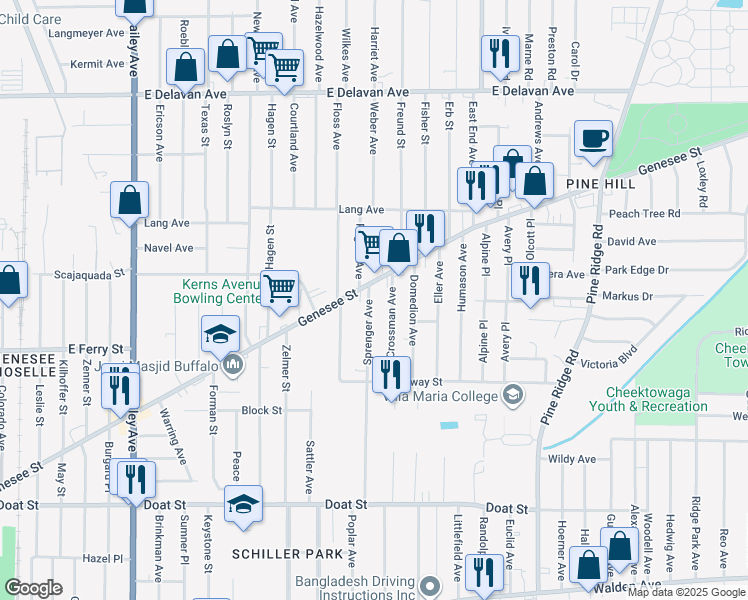 map of restaurants, bars, coffee shops, grocery stores, and more near in Buffalo