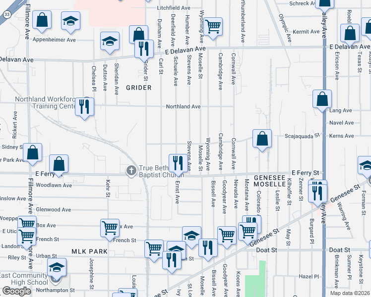 map of restaurants, bars, coffee shops, grocery stores, and more near 75 Stevens Avenue in Buffalo