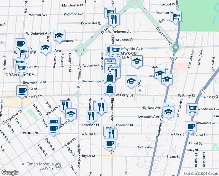 map of restaurants, bars, coffee shops, grocery stores, and more near 712 Elmwood Avenue in Buffalo