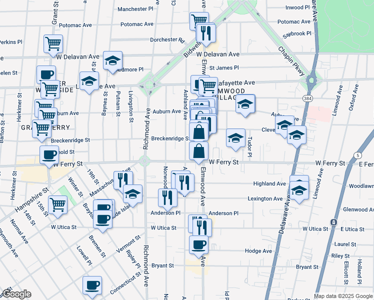 map of restaurants, bars, coffee shops, grocery stores, and more near 424 Ashland Avenue in Buffalo