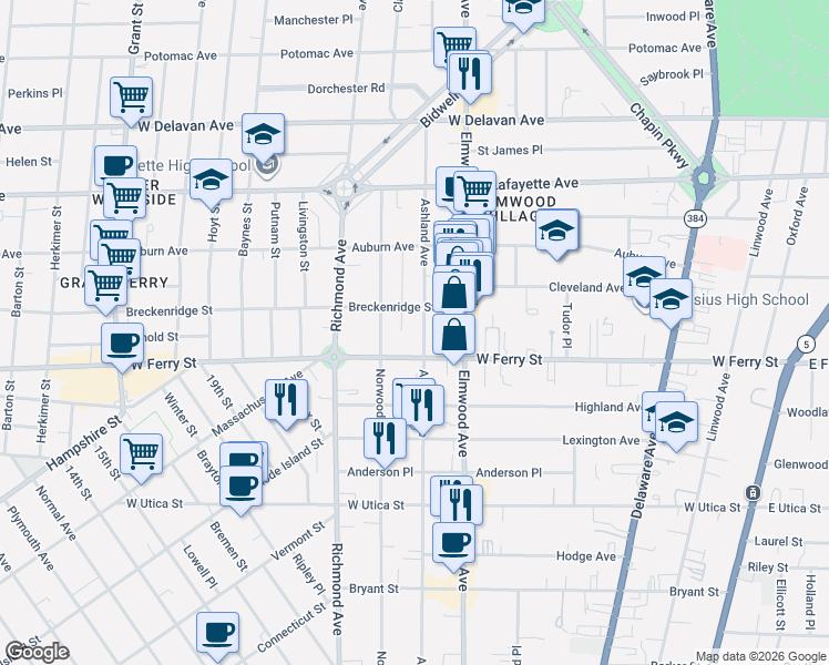 map of restaurants, bars, coffee shops, grocery stores, and more near 424 Ashland Avenue in Buffalo