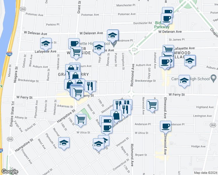 map of restaurants, bars, coffee shops, grocery stores, and more near 30 South Putnam Street in Buffalo