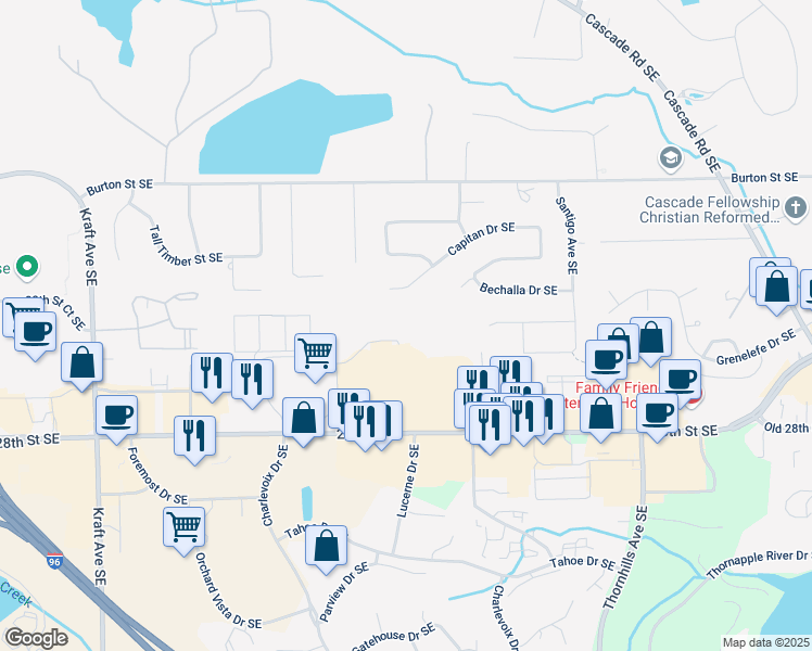 map of restaurants, bars, coffee shops, grocery stores, and more near 6117 Charlevoix Woods Court Southeast in Grand Rapids