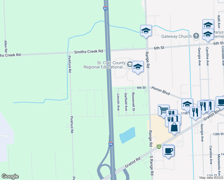 map of restaurants, bars, coffee shops, grocery stores, and more near 4677 9th Street in Smiths Creek