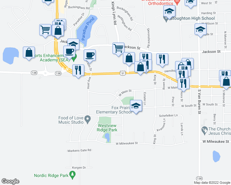 map of restaurants, bars, coffee shops, grocery stores, and more near 1812 Pleasant View Drive in Stoughton