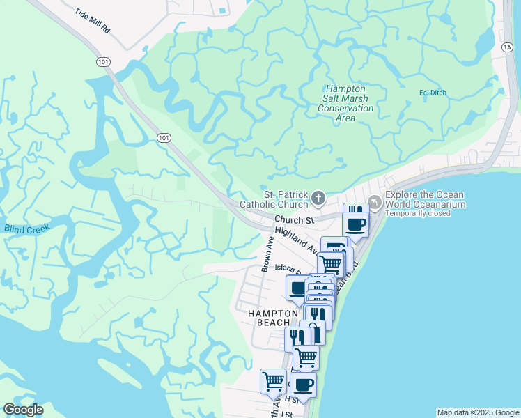 map of restaurants, bars, coffee shops, grocery stores, and more near 76 Church Street in Hampton