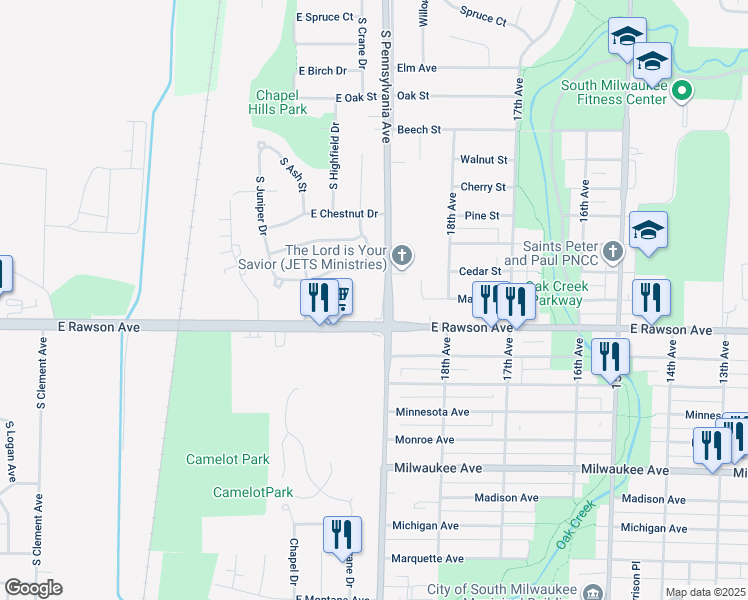 map of restaurants, bars, coffee shops, grocery stores, and more near 7041 South Pennsylvania Avenue in Oak Creek