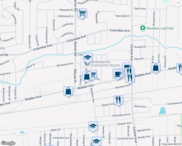 map of restaurants, bars, coffee shops, grocery stores, and more near Burlington Avenue & Houston Street in Depew