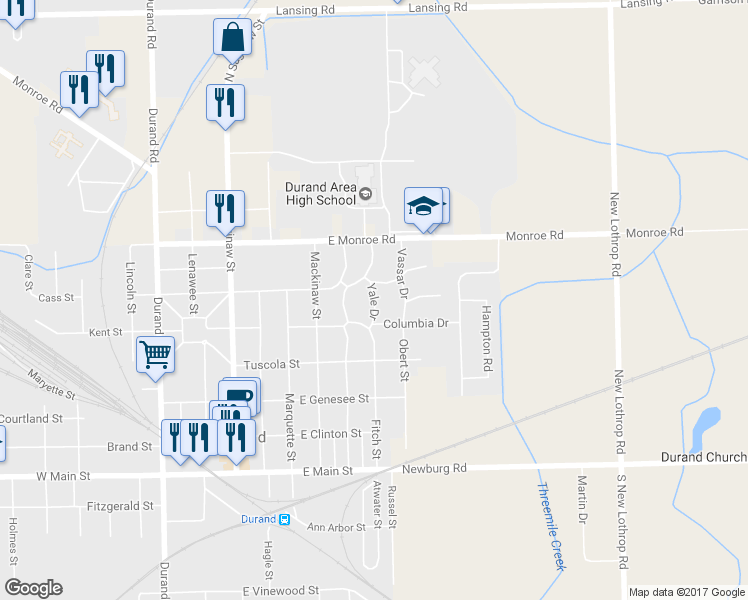 map of restaurants, bars, coffee shops, grocery stores, and more near 507 Yale Drive in Durand