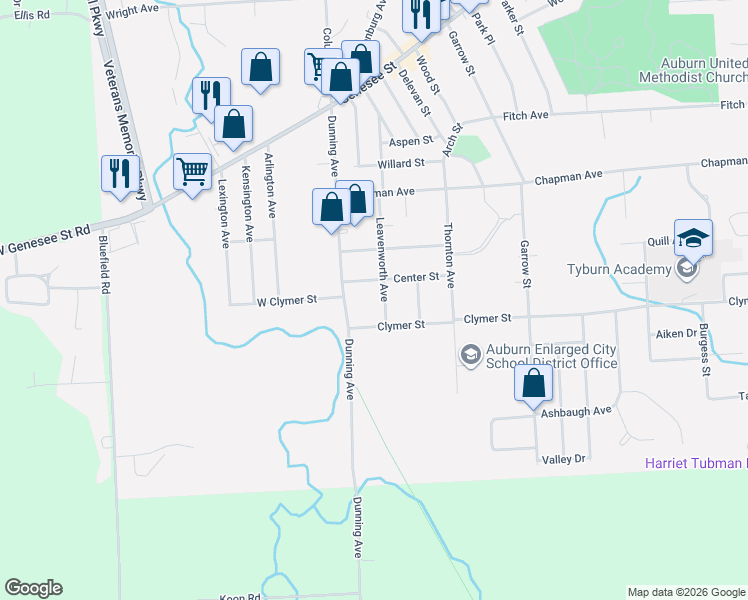 map of restaurants, bars, coffee shops, grocery stores, and more near 25 Leavenworth Avenue in Auburn