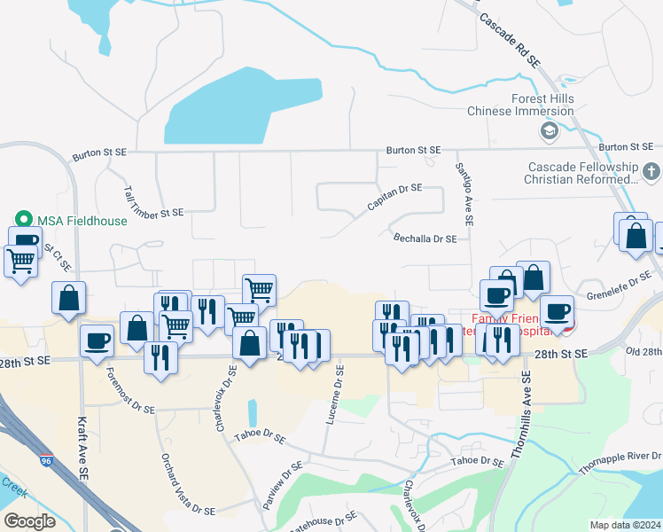 map of restaurants, bars, coffee shops, grocery stores, and more near 6117 Charlevoix Woods Court Southeast in Grand Rapids