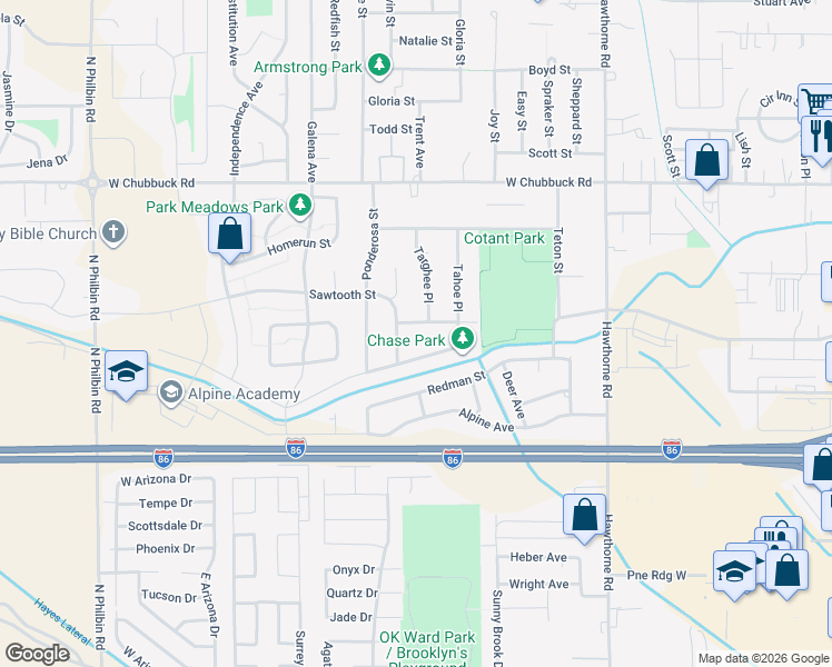 map of restaurants, bars, coffee shops, grocery stores, and more near 765 Bonanza Avenue in Pocatello
