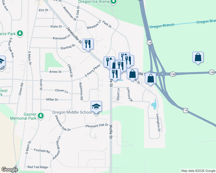 map of restaurants, bars, coffee shops, grocery stores, and more near 139 Wolfe Street in Oregon