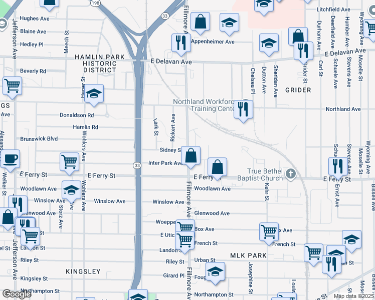 map of restaurants, bars, coffee shops, grocery stores, and more near 214 Sidney Street in Buffalo