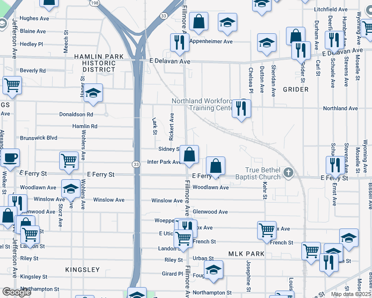 map of restaurants, bars, coffee shops, grocery stores, and more near in Buffalo
