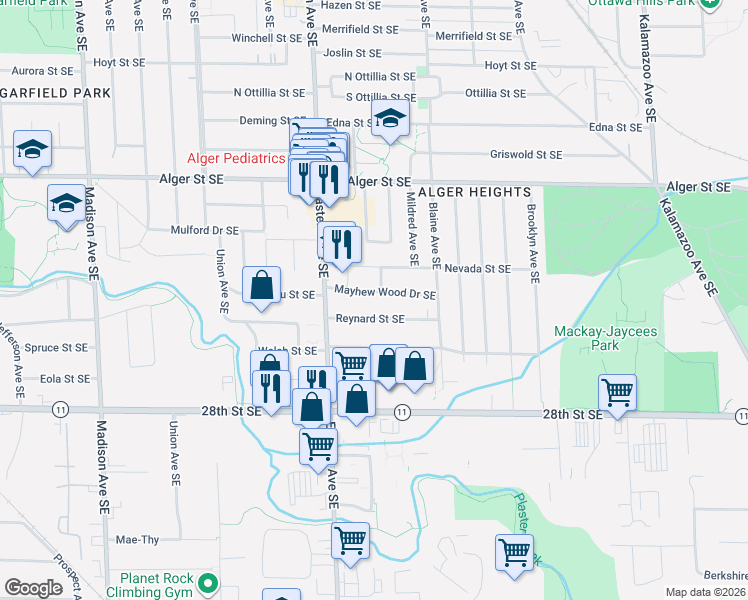 map of restaurants, bars, coffee shops, grocery stores, and more near 846 Mayhew Wood Drive Southeast in Grand Rapids