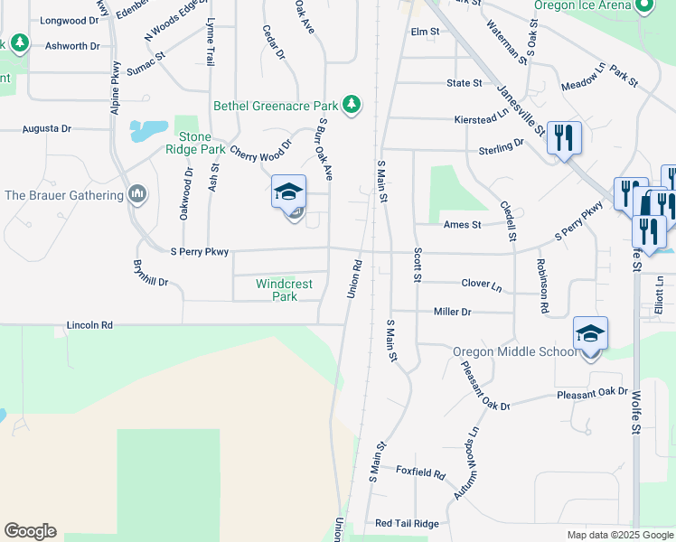 map of restaurants, bars, coffee shops, grocery stores, and more near 608 South Burr Oak Avenue in Oregon