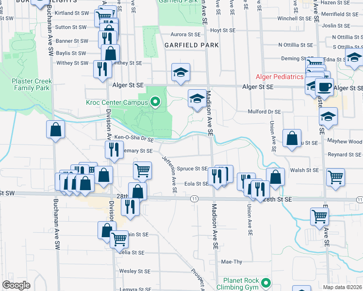 map of restaurants, bars, coffee shops, grocery stores, and more near 300 Ken-O-Sha Drive Southeast in Grand Rapids