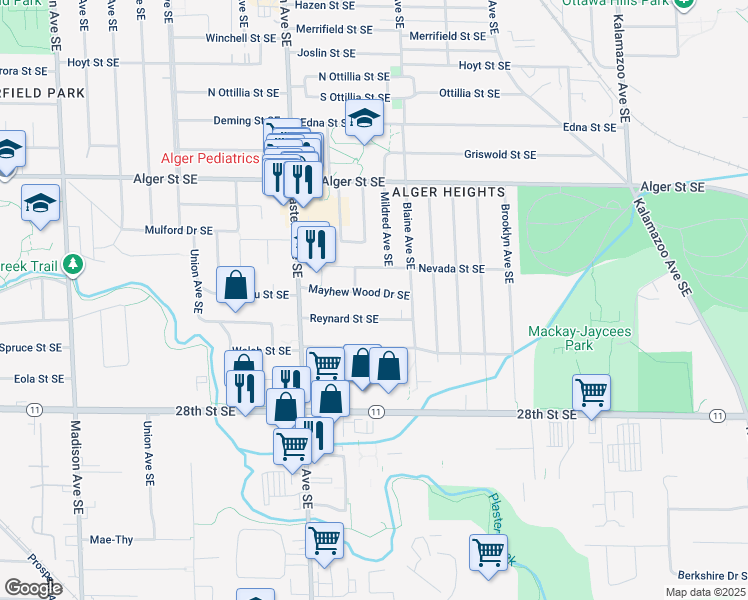map of restaurants, bars, coffee shops, grocery stores, and more near 908 Mayhew Wood Drive Southeast in Grand Rapids