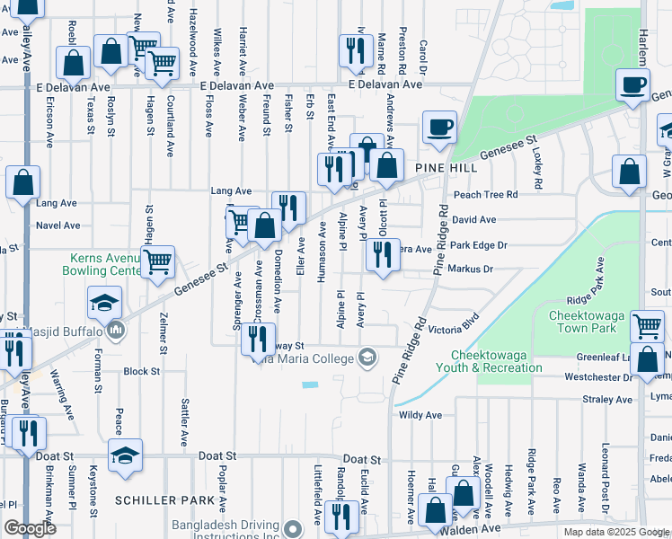 map of restaurants, bars, coffee shops, grocery stores, and more near 61 Alpine Place in Buffalo