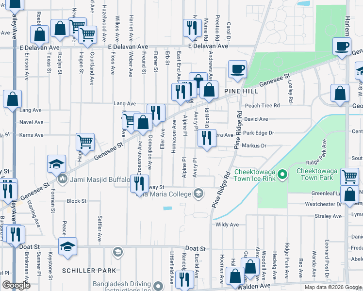 map of restaurants, bars, coffee shops, grocery stores, and more near 101 Humason Avenue in Buffalo