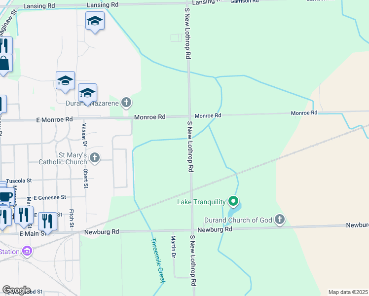 map of restaurants, bars, coffee shops, grocery stores, and more near 5652 South New Lothrop Road in Durand