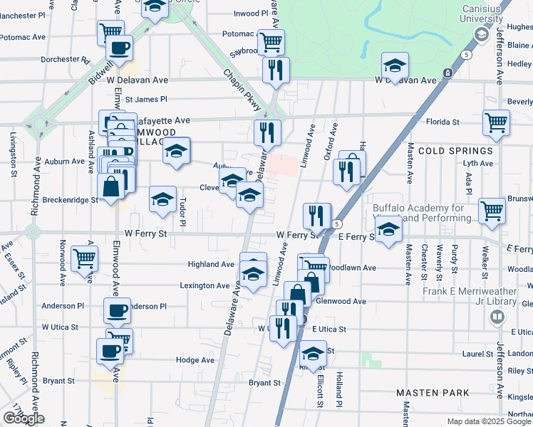 map of restaurants, bars, coffee shops, grocery stores, and more near 1193 Delaware Avenue in Buffalo