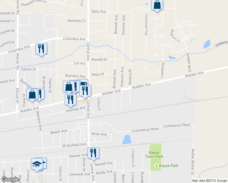 map of restaurants, bars, coffee shops, grocery stores, and more near Walden Avenue & Broezel Avenue in Erie County
