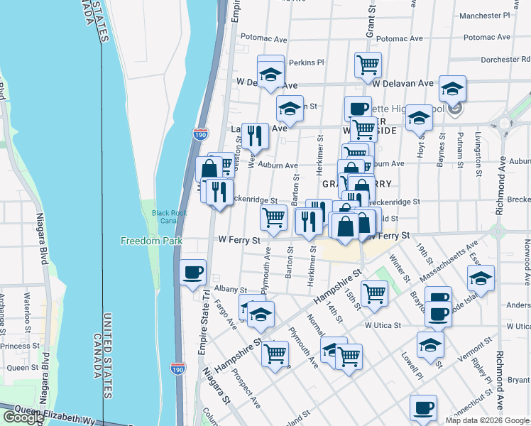 map of restaurants, bars, coffee shops, grocery stores, and more near 744 Plymouth Avenue in Buffalo
