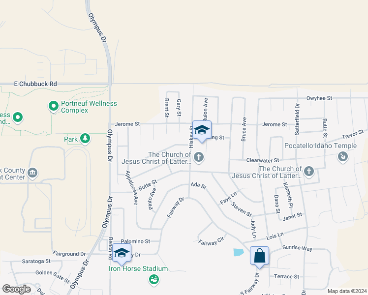 map of restaurants, bars, coffee shops, grocery stores, and more near 2277 Elmore Street in Pocatello