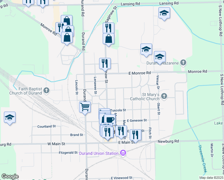 map of restaurants, bars, coffee shops, grocery stores, and more near 513 Mercer Street in Durand