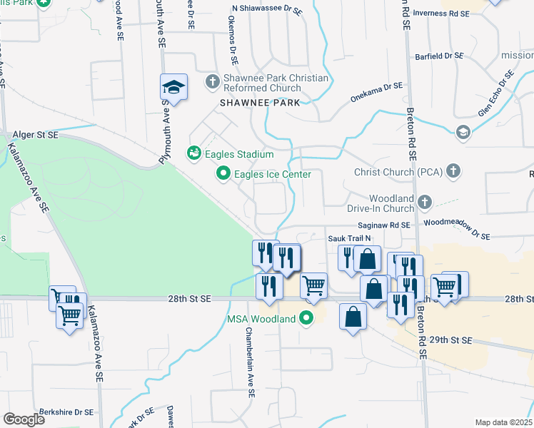 map of restaurants, bars, coffee shops, grocery stores, and more near 2468 Normandy Drive Southeast in Grand Rapids