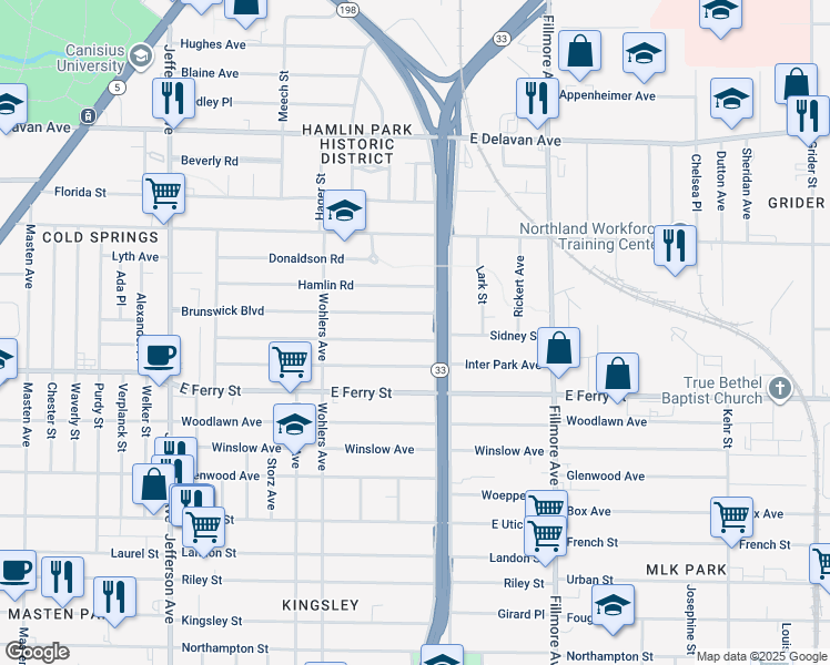 map of restaurants, bars, coffee shops, grocery stores, and more near 206 Butler Avenue in Buffalo