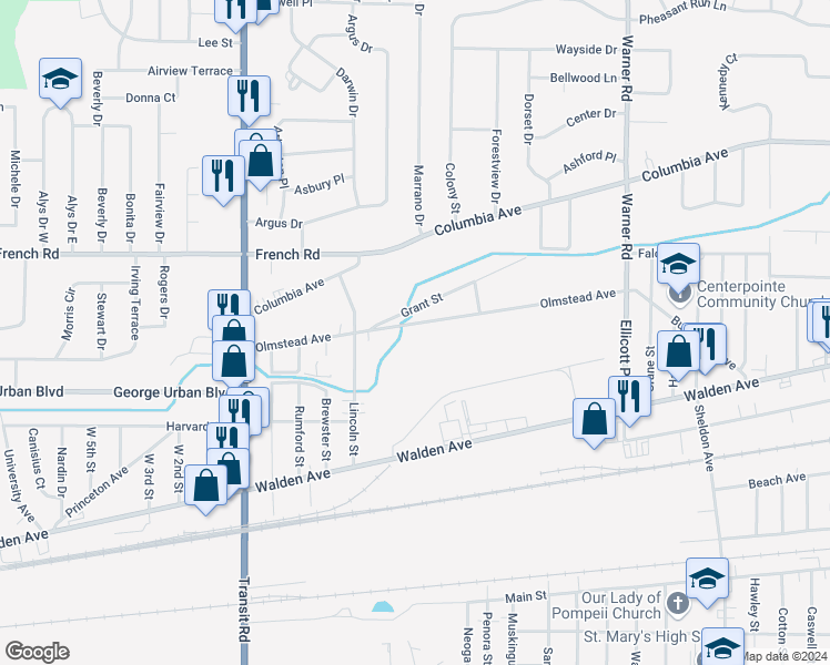 map of restaurants, bars, coffee shops, grocery stores, and more near 181 Olmstead Avenue in Depew