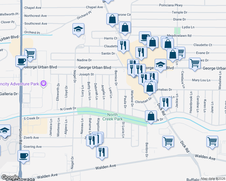map of restaurants, bars, coffee shops, grocery stores, and more near 38 Leni Lane in Cheektowaga
