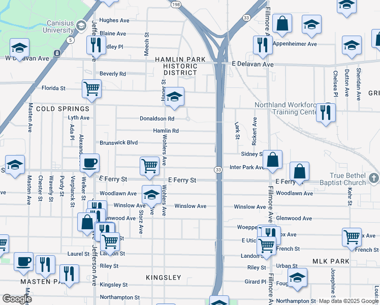 map of restaurants, bars, coffee shops, grocery stores, and more near 168 Butler Avenue in Buffalo