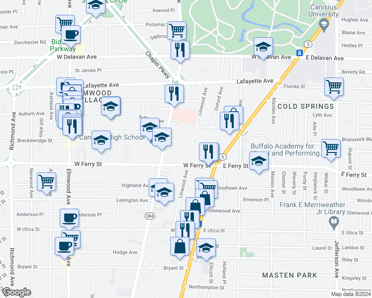 map of restaurants, bars, coffee shops, grocery stores, and more near 510 Linwood Avenue in Buffalo
