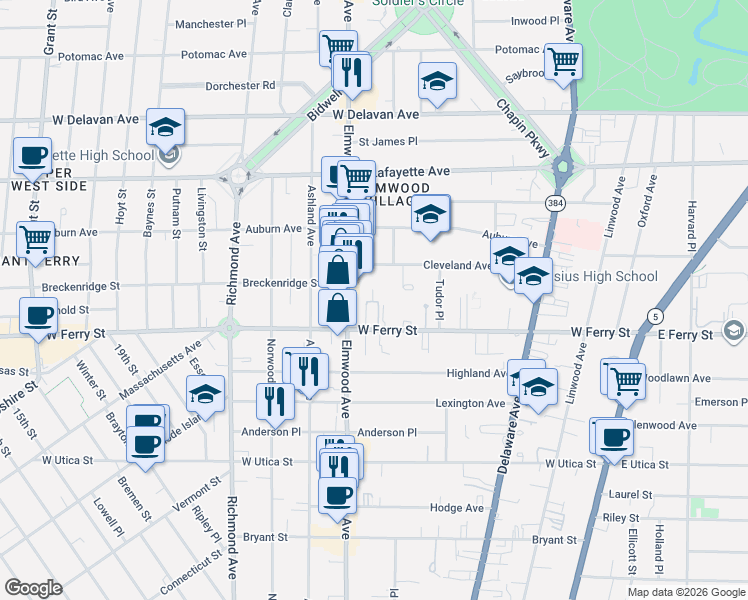 map of restaurants, bars, coffee shops, grocery stores, and more near 13 Brittany Lane in Buffalo