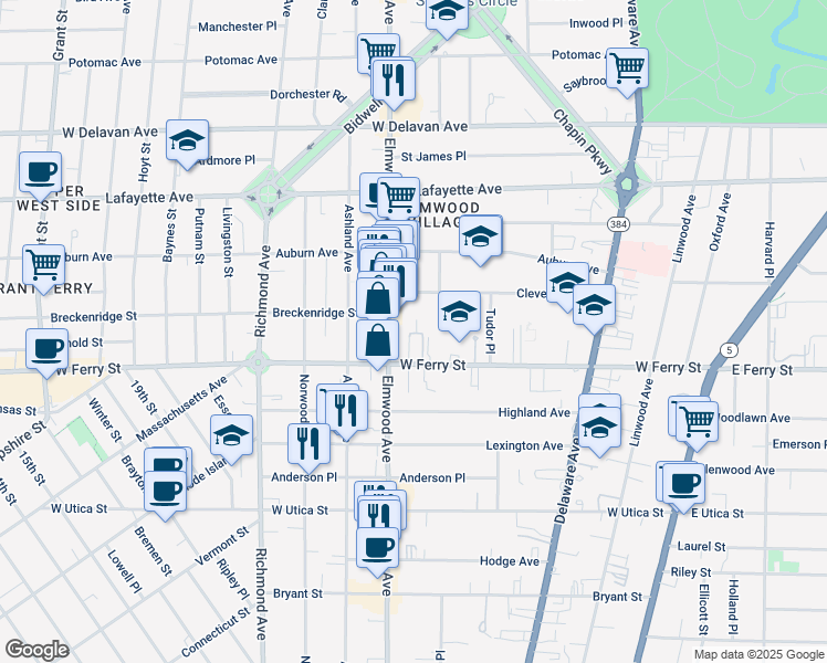map of restaurants, bars, coffee shops, grocery stores, and more near 13 Brittany Lane in Buffalo
