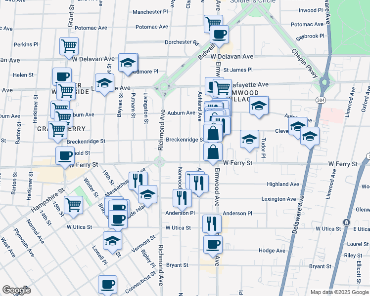 map of restaurants, bars, coffee shops, grocery stores, and more near 424 Norwood Avenue in Buffalo
