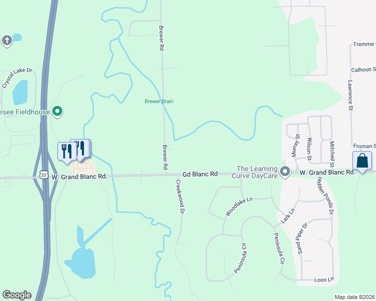 map of restaurants, bars, coffee shops, grocery stores, and more near 7471 Brewer Road in Flint