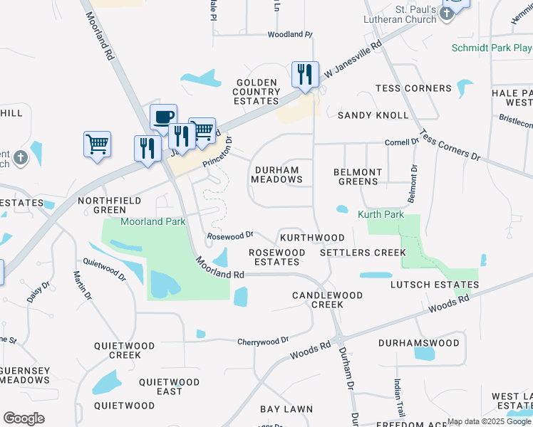 map of restaurants, bars, coffee shops, grocery stores, and more near S70W14965 Cornell Circle in Muskego