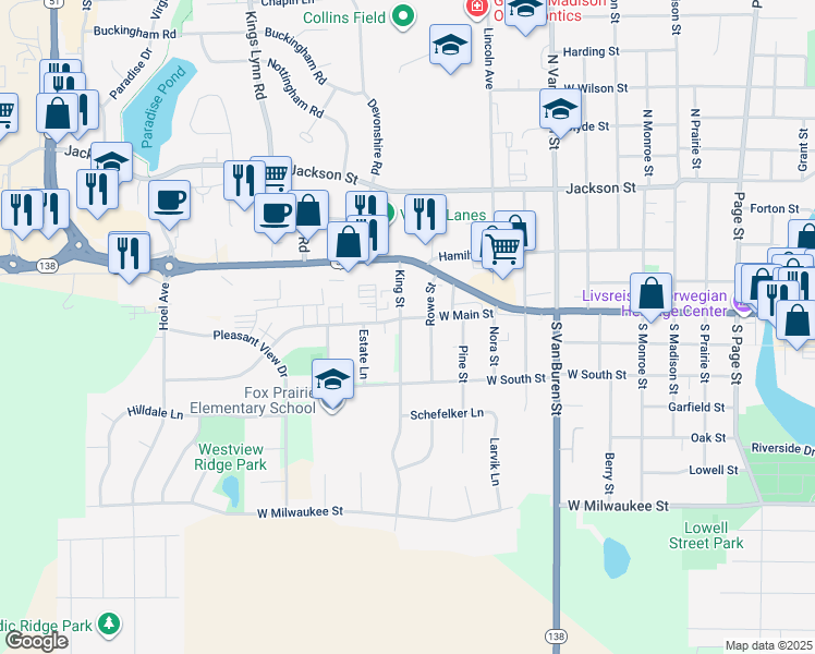 map of restaurants, bars, coffee shops, grocery stores, and more near 1323 West Main Street in Stoughton